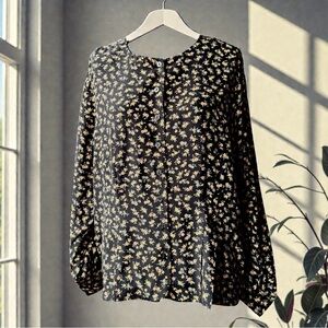 Vintage ELISABETH PETITES by Liz Claiborne Black Floral Print Silk Blouse Top 14